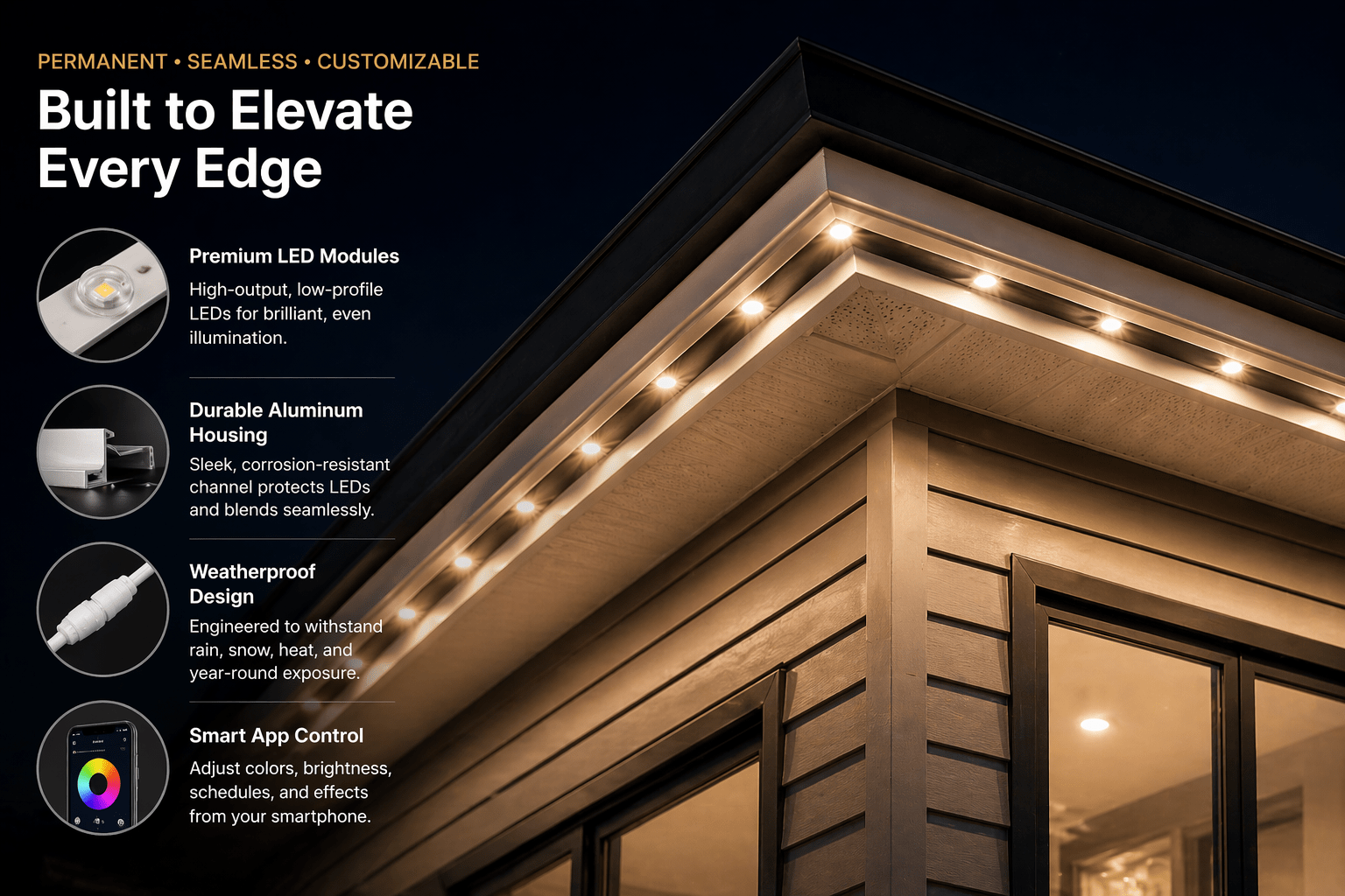 Architectural roofline LED cove lighting close-up