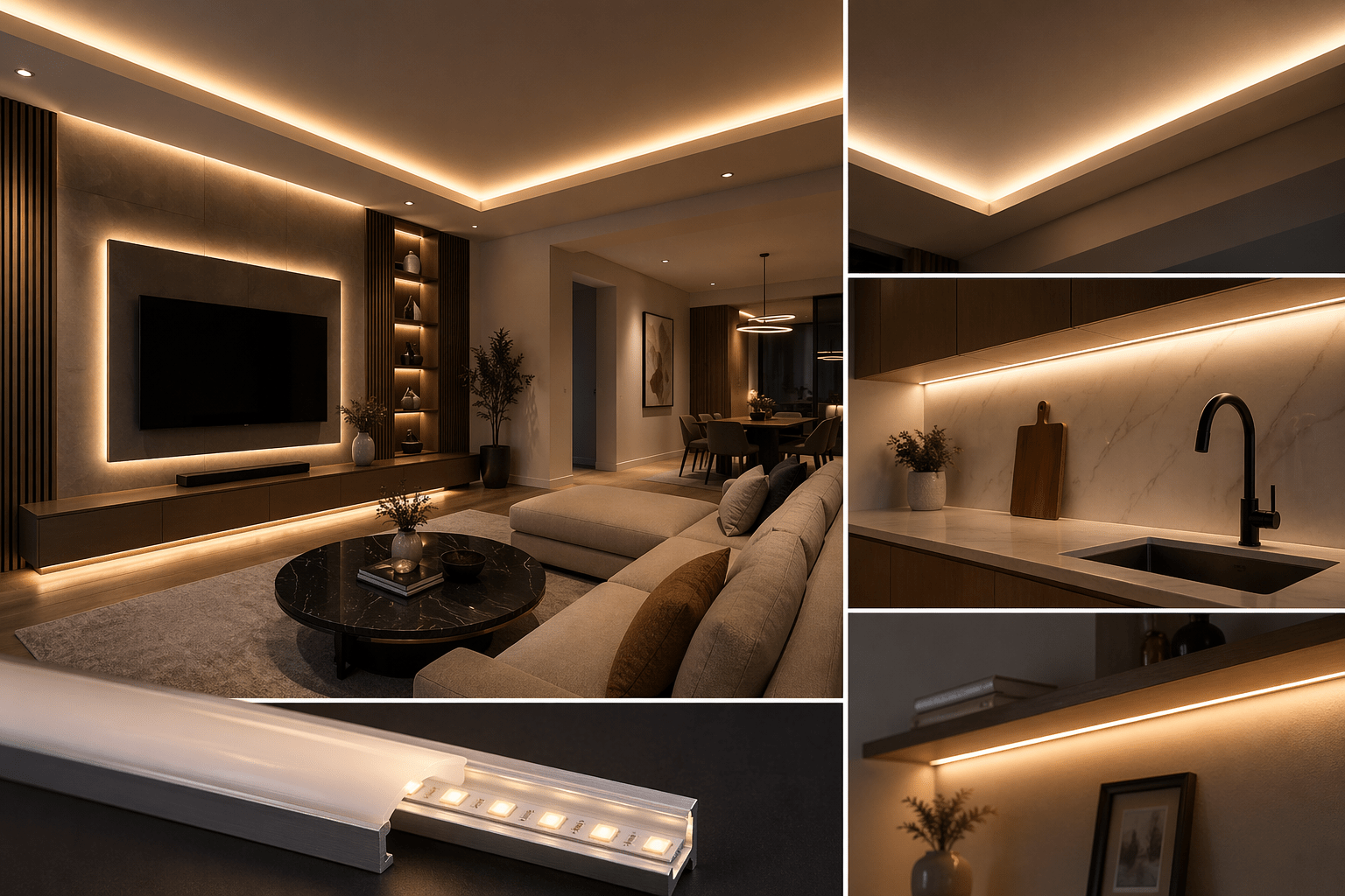 Interior LED cove and accent lighting installation collage