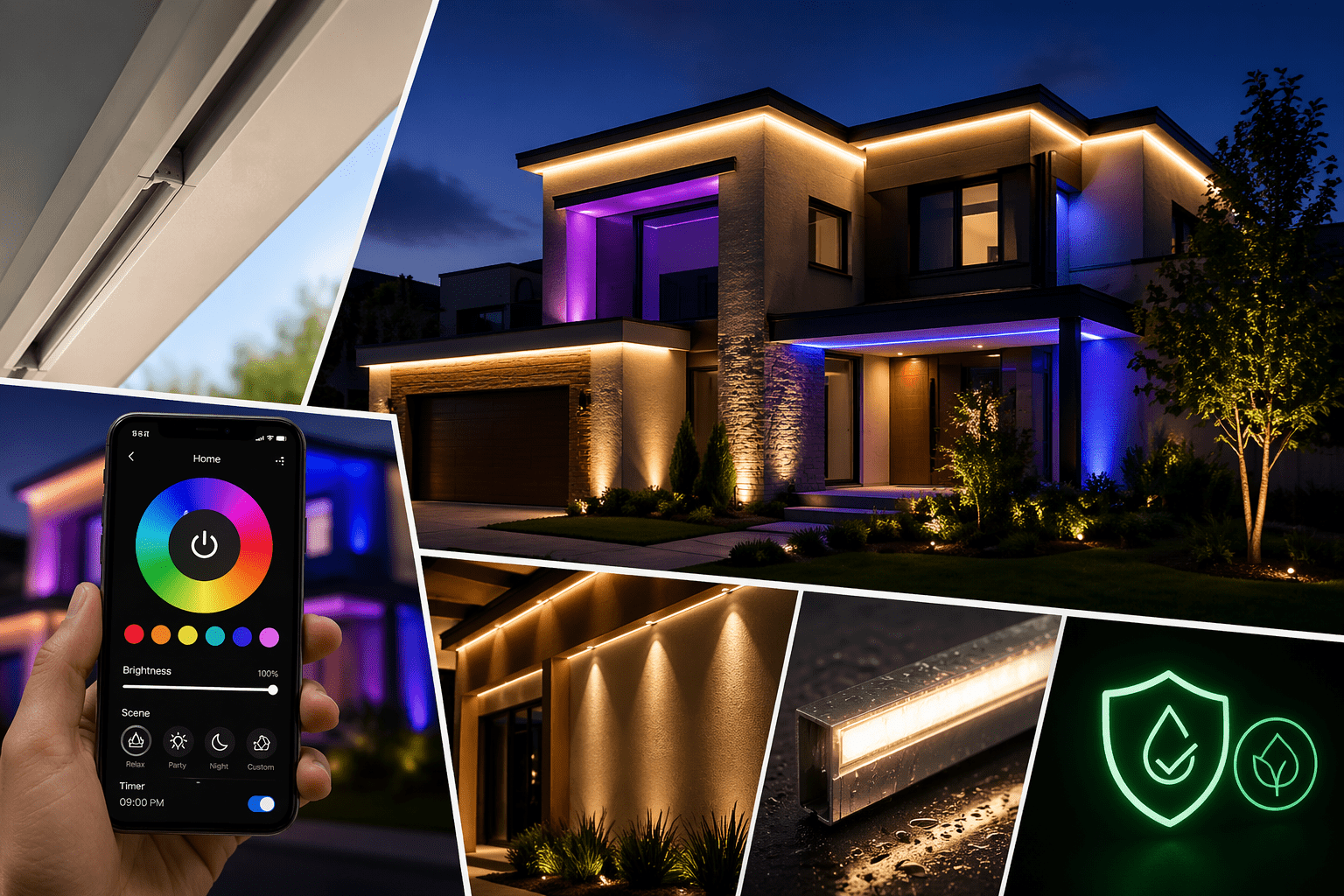 Custom exterior LED lighting installation showcase collage