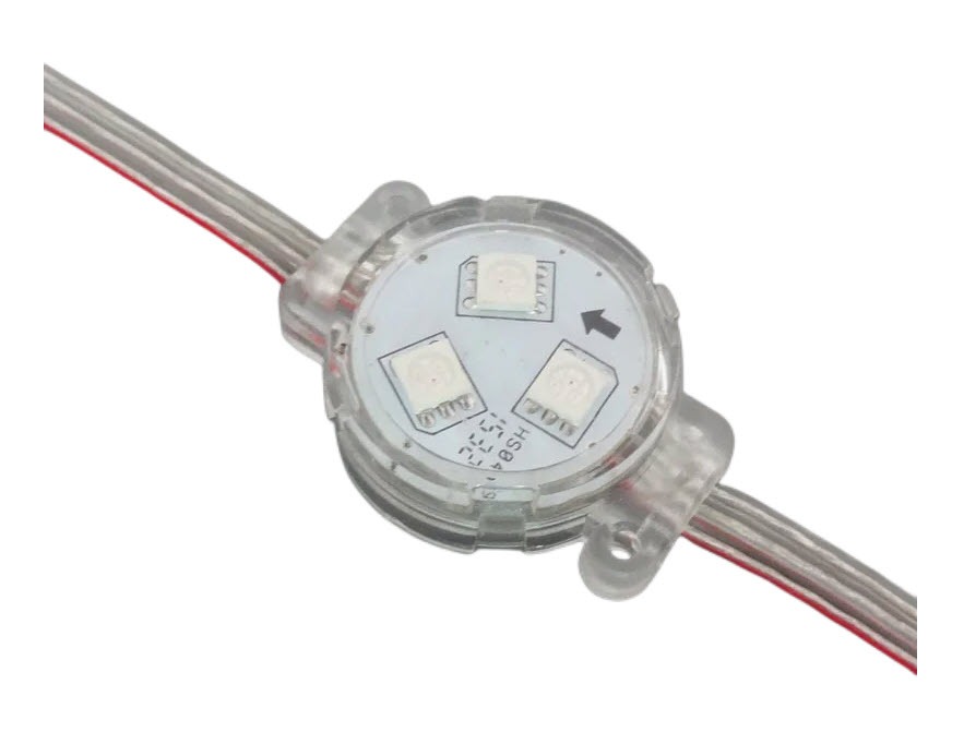Close-up of waterproof LED pixel light module with wiring